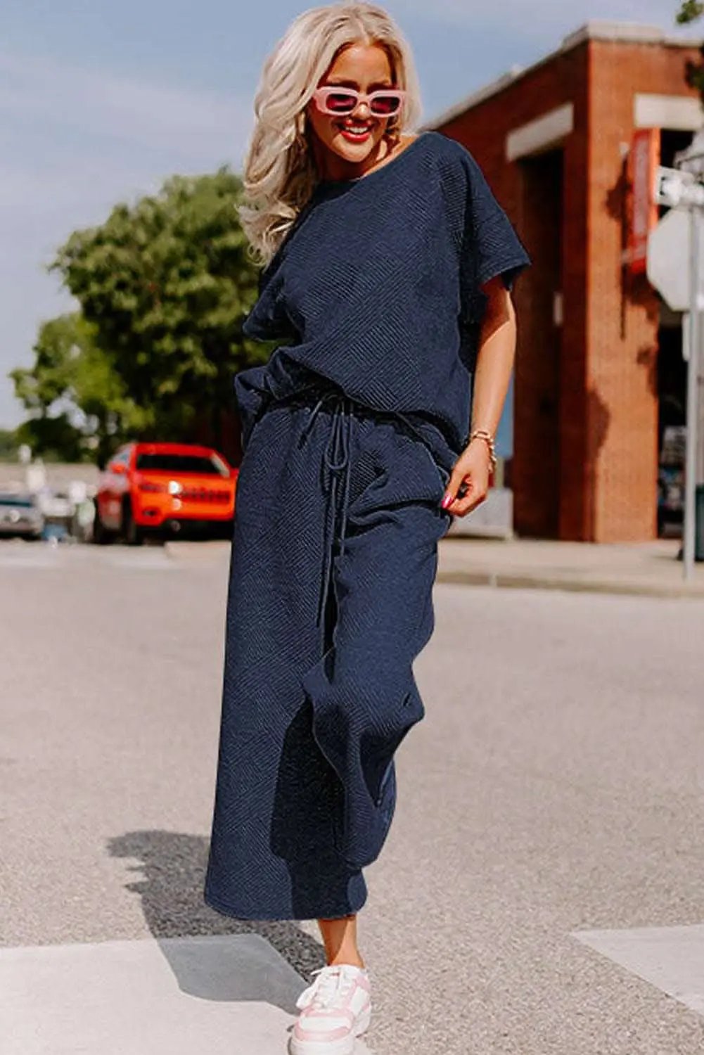 Navy Blue Textured Loose Fit T Shirt and Drawstring Pants Set - Love Salve